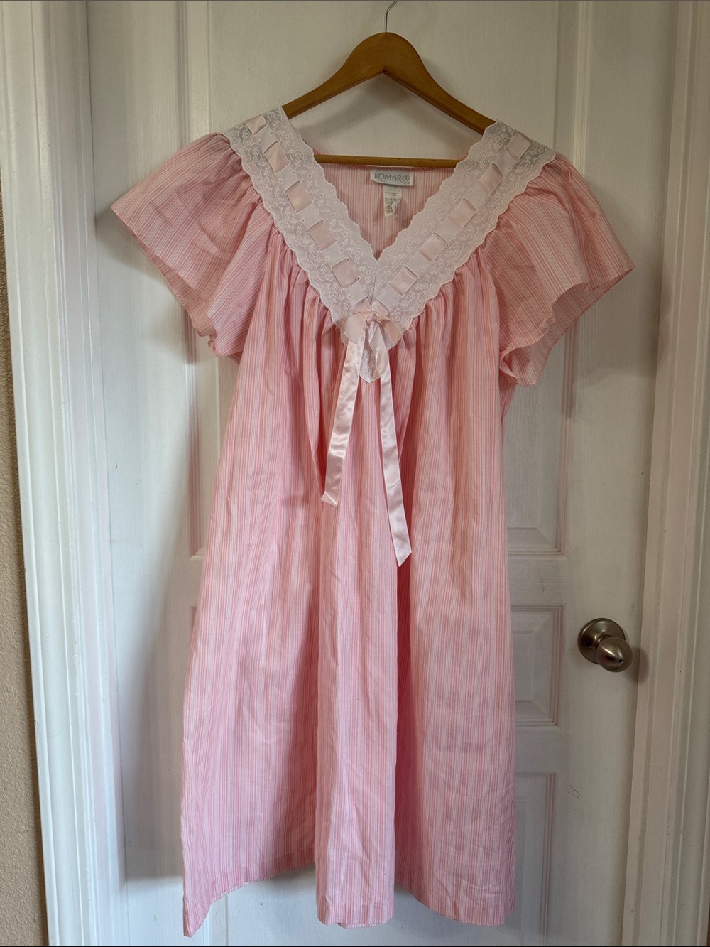 Komar Pink Striped Nightdress with Ribbon Tie and Lace V